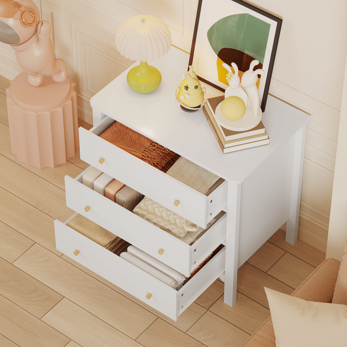 Drawer Streamdale White 3 - Drawer Modern Dresser with Gold Knobs