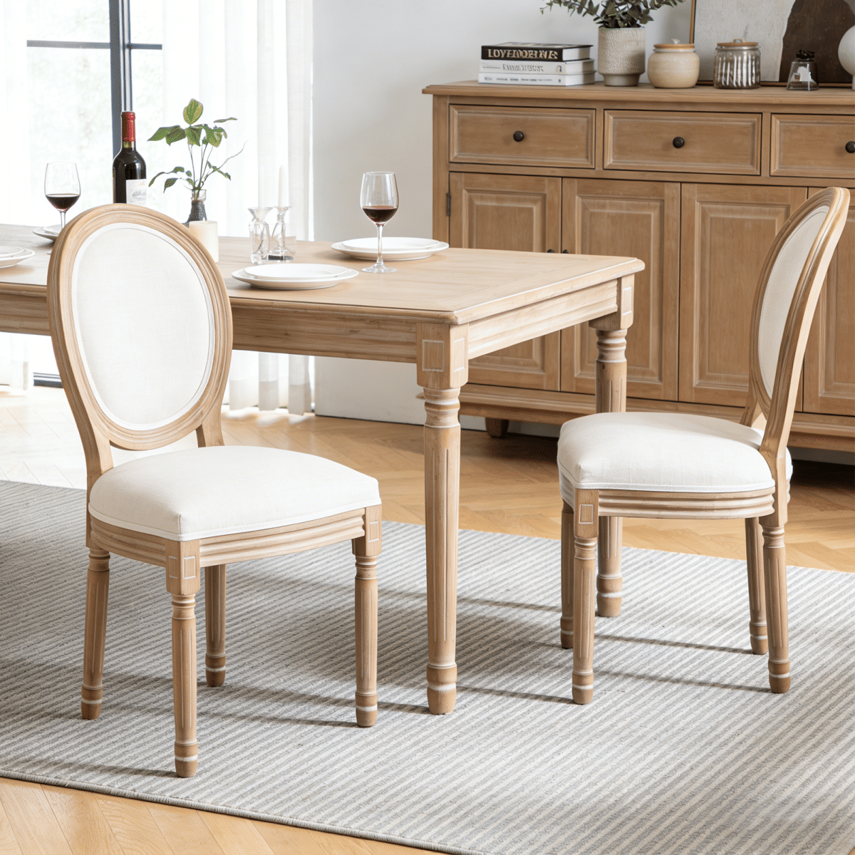 !SOLID Streamdale Farmhouse Solid Wood Dining Chairs with Linen Cushions, Beige, Set of 2