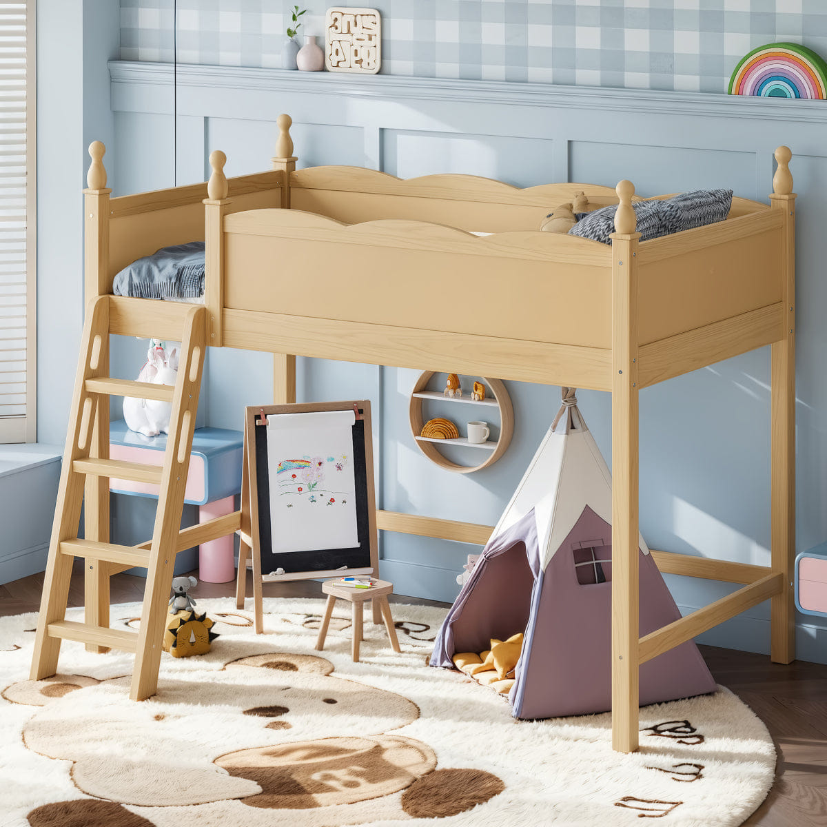 Space Streamdale Twin Wood Loft Bed with Ladders & Under - Bed Space, Natural