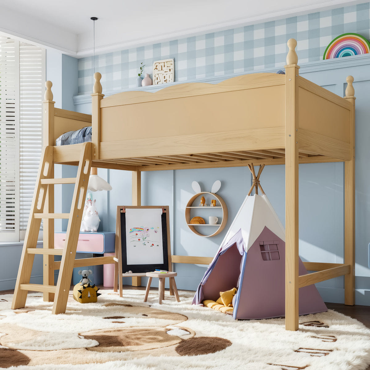Space Streamdale Twin Wood Loft Bed with Ladders & Under - Bed Space, Natural