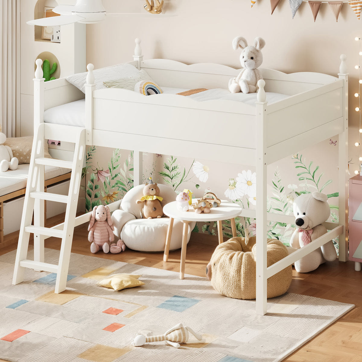 !SOLID Streamdale Full Size Solid Wood Loft Bed with Ladders & Under - Bed Space, Beige