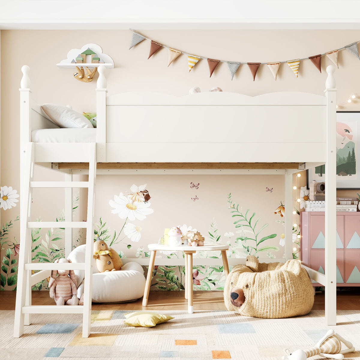 !SOLID Streamdale Full Size Solid Wood Loft Bed with Ladders & Under - Bed Space, Beige
