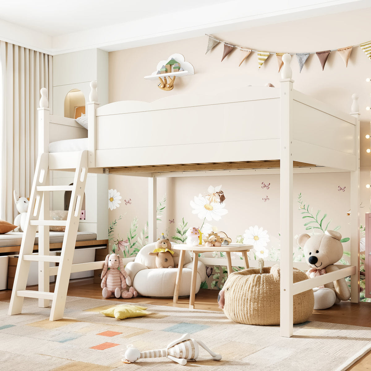 !SOLID Streamdale Full Size Solid Wood Loft Bed with Ladders & Under - Bed Space, Beige