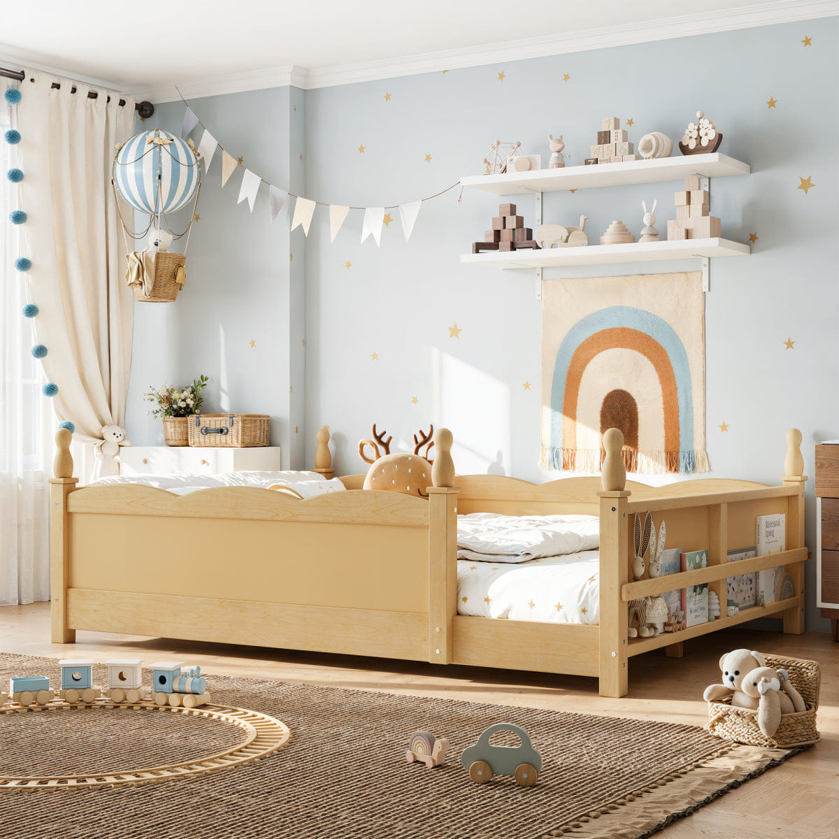 FLOOR Streamdale Full Floor Bed with Guardrails & Bookshelf, Natural