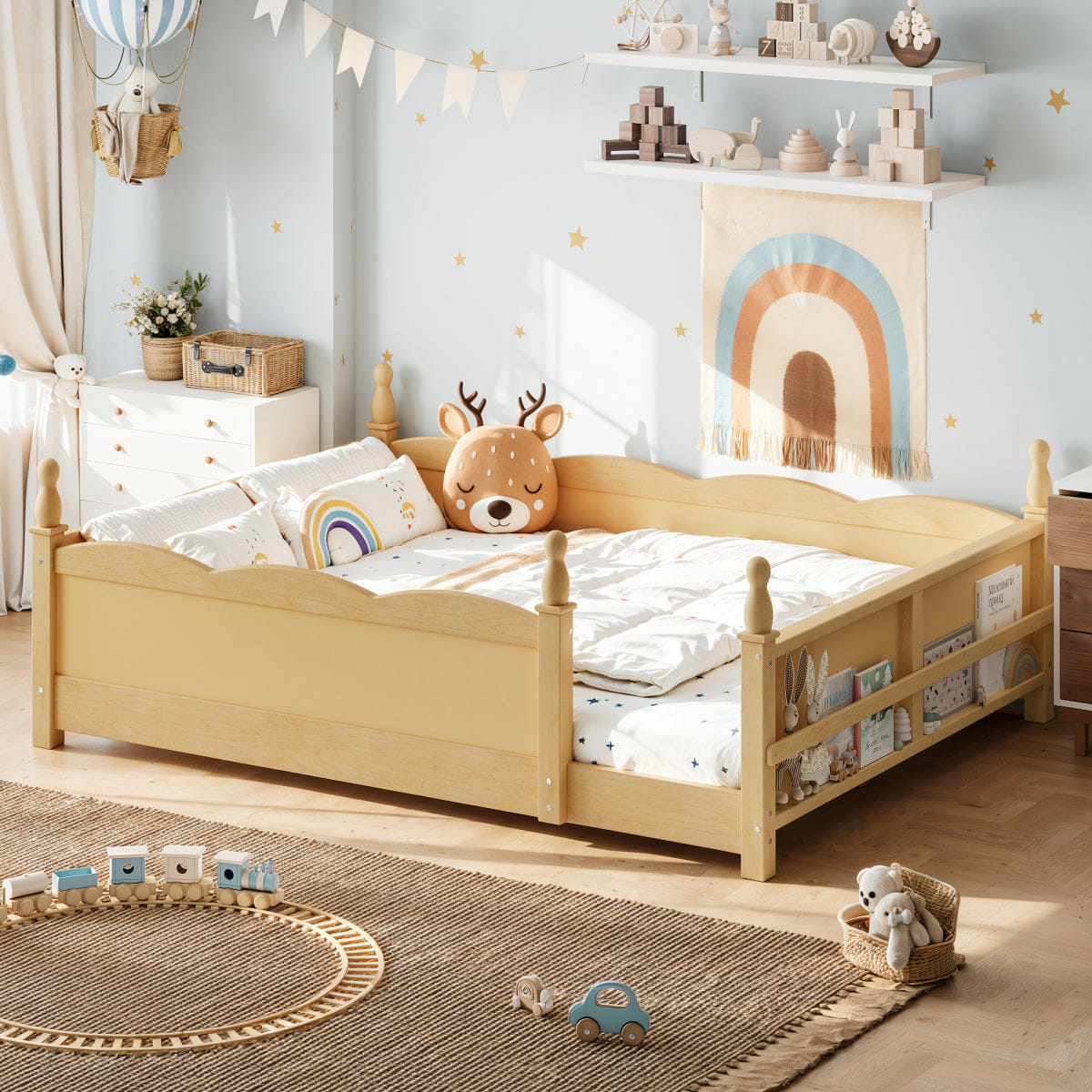 FLOOR Streamdale Full Floor Bed with Guardrails & Bookshelf, Natural
