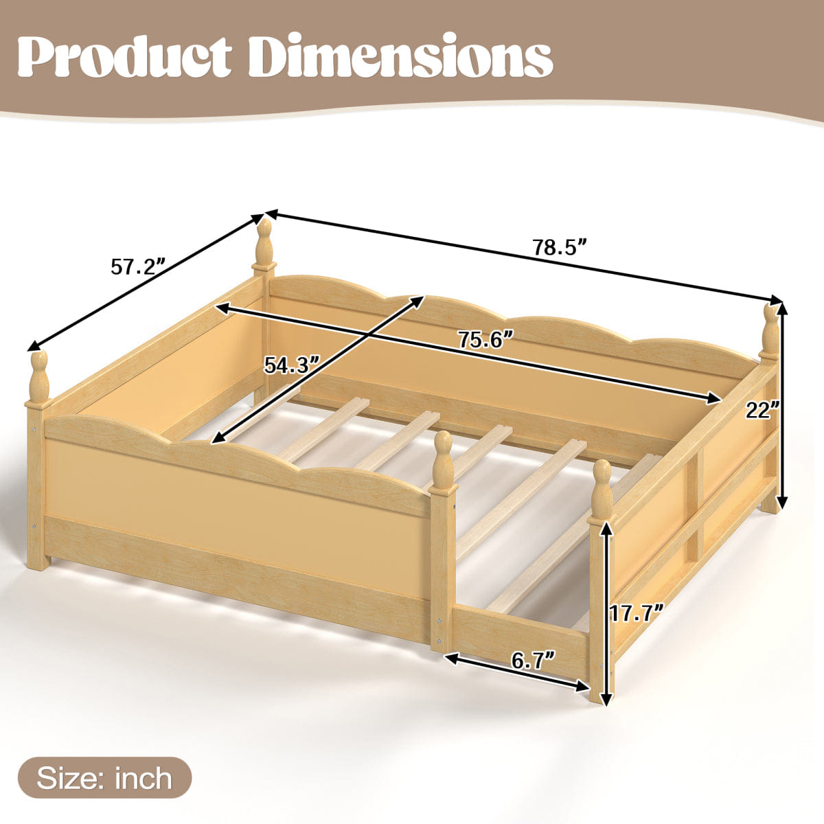 FLOOR Streamdale Full Floor Bed with Guardrails & Bookshelf, Natural