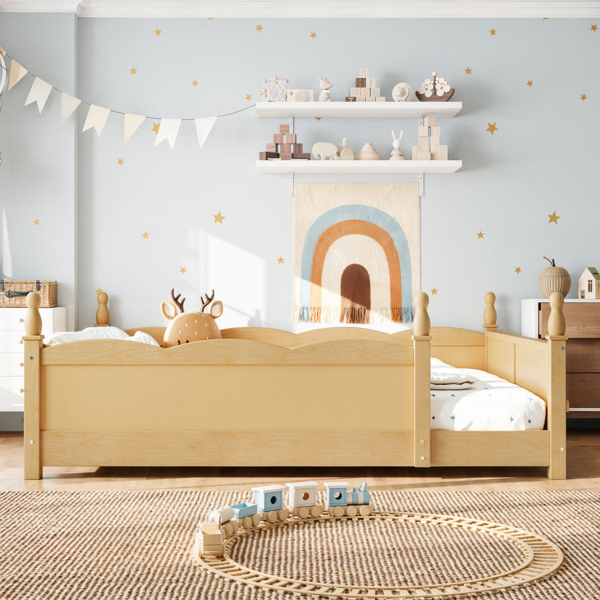FLOOR Streamdale Full Floor Bed with Guardrails & Bookshelf, Natural