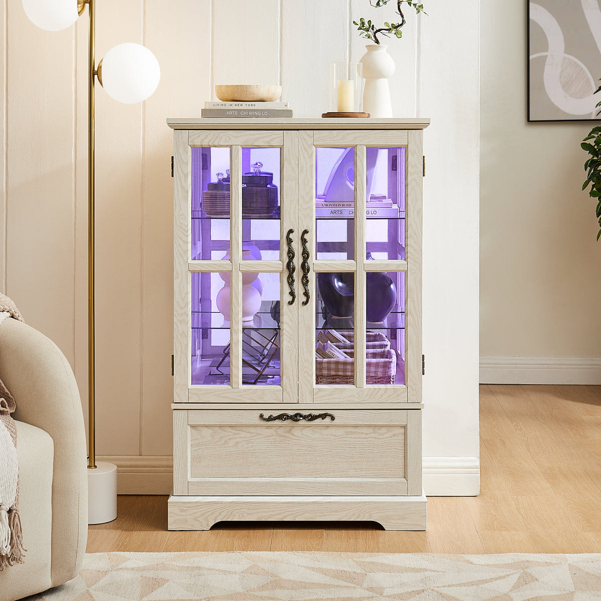 Drawer Streamdale White Display Cabinet with RGB Lights and Flip - Top Drawer