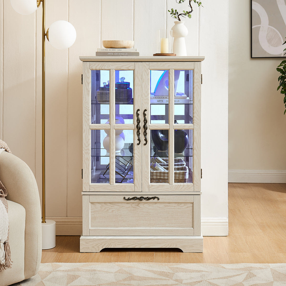 Drawer Streamdale White Display Cabinet with RGB Lights and Flip - Top Drawer