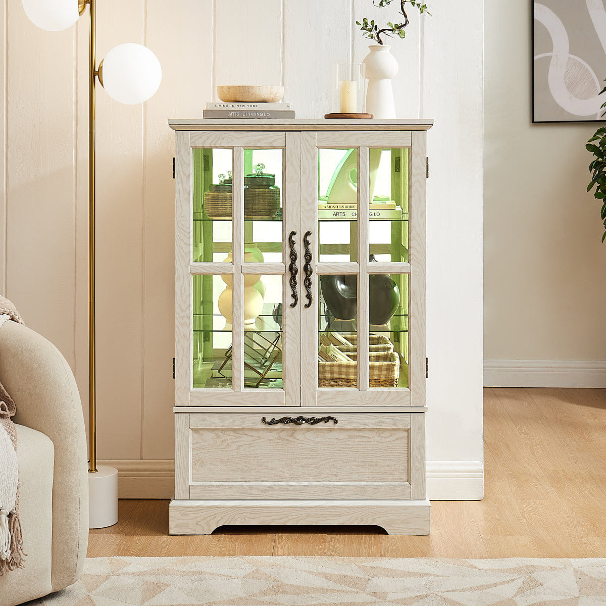 Drawer Streamdale White Display Cabinet with RGB Lights and Flip - Top Drawer