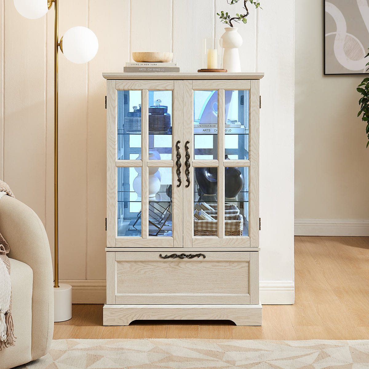 Drawer Streamdale White Display Cabinet with RGB Lights and Flip - Top Drawer