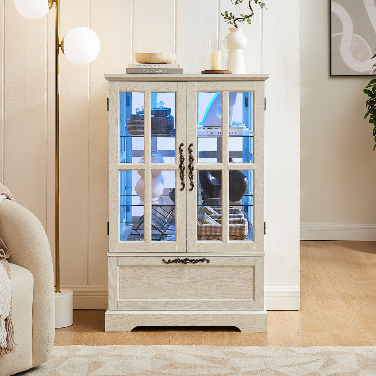 Drawer Streamdale White Display Cabinet with RGB Lights and Flip - Top Drawer