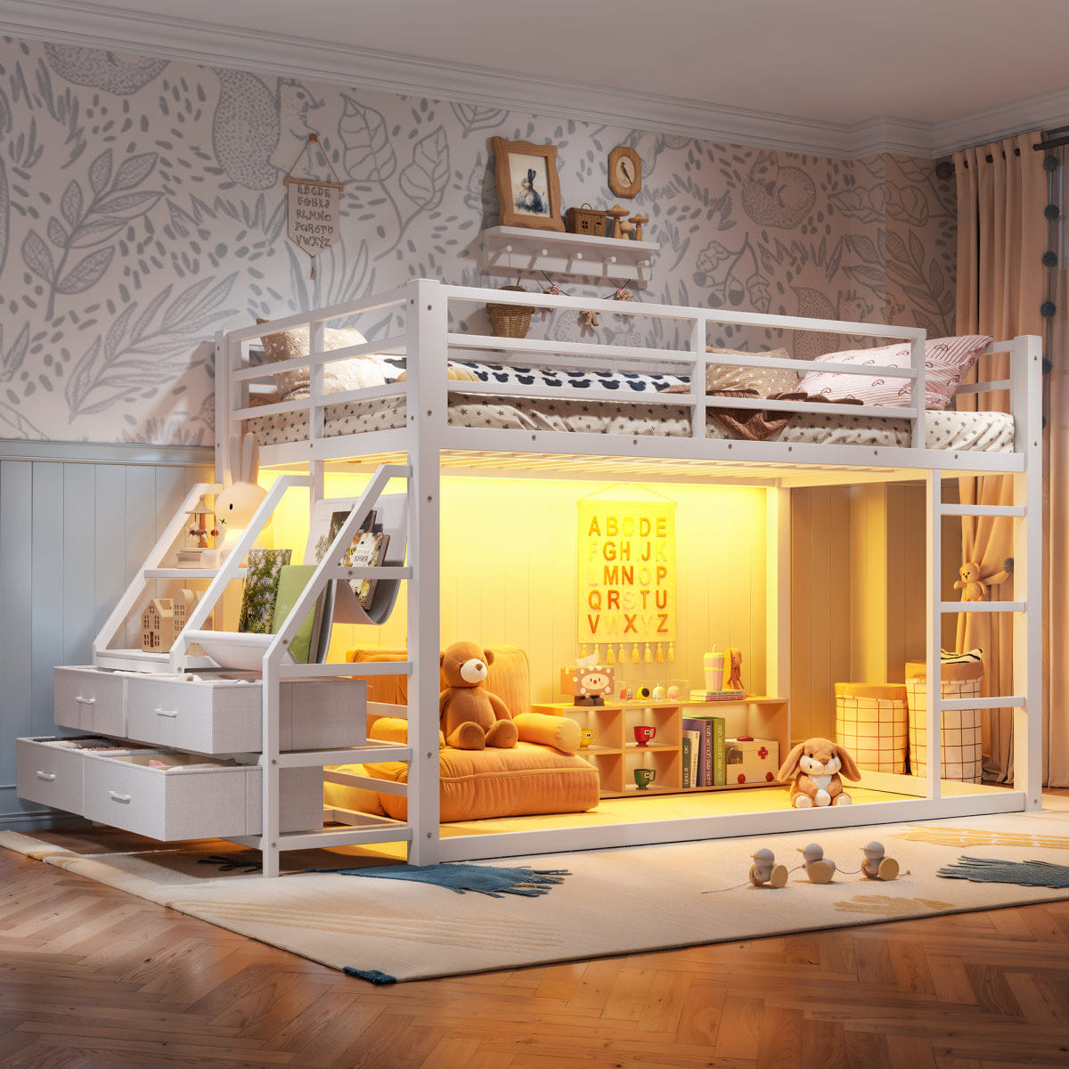 WHITE* Streamdale Twin over Twin Metal Bunk Bed with Storage, Drawers & LED Lights, White