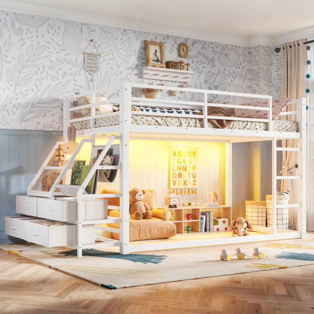 WHITE* Streamdale Twin over Twin Metal Bunk Bed with Storage, Drawers & LED Lights, White
