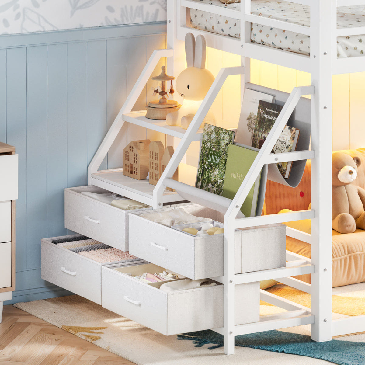 WHITE* Streamdale Twin over Twin Metal Bunk Bed with Storage, Drawers & LED Lights, White