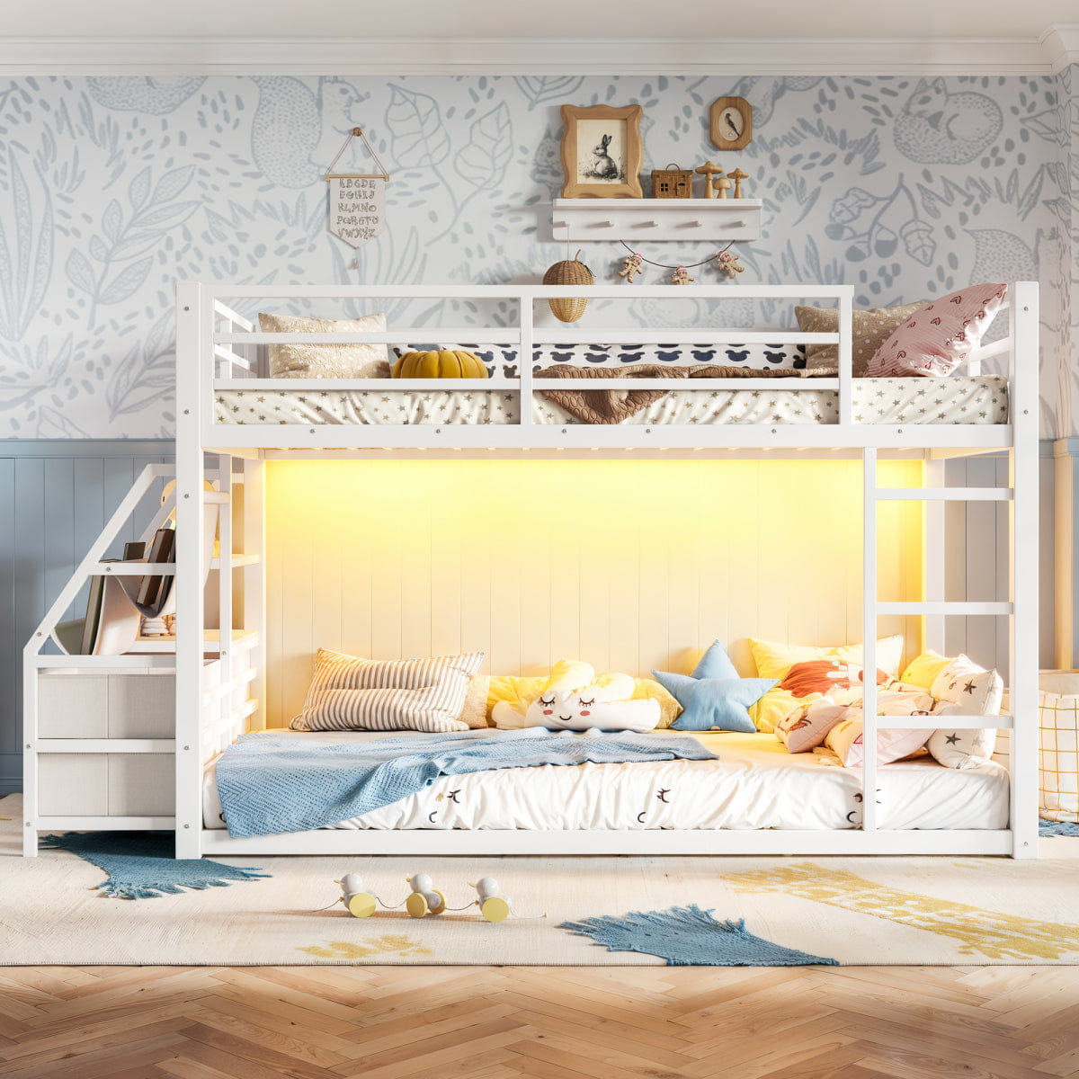 WHITE* Streamdale Twin over Twin Metal Bunk Bed with Storage, Drawers & LED Lights, White