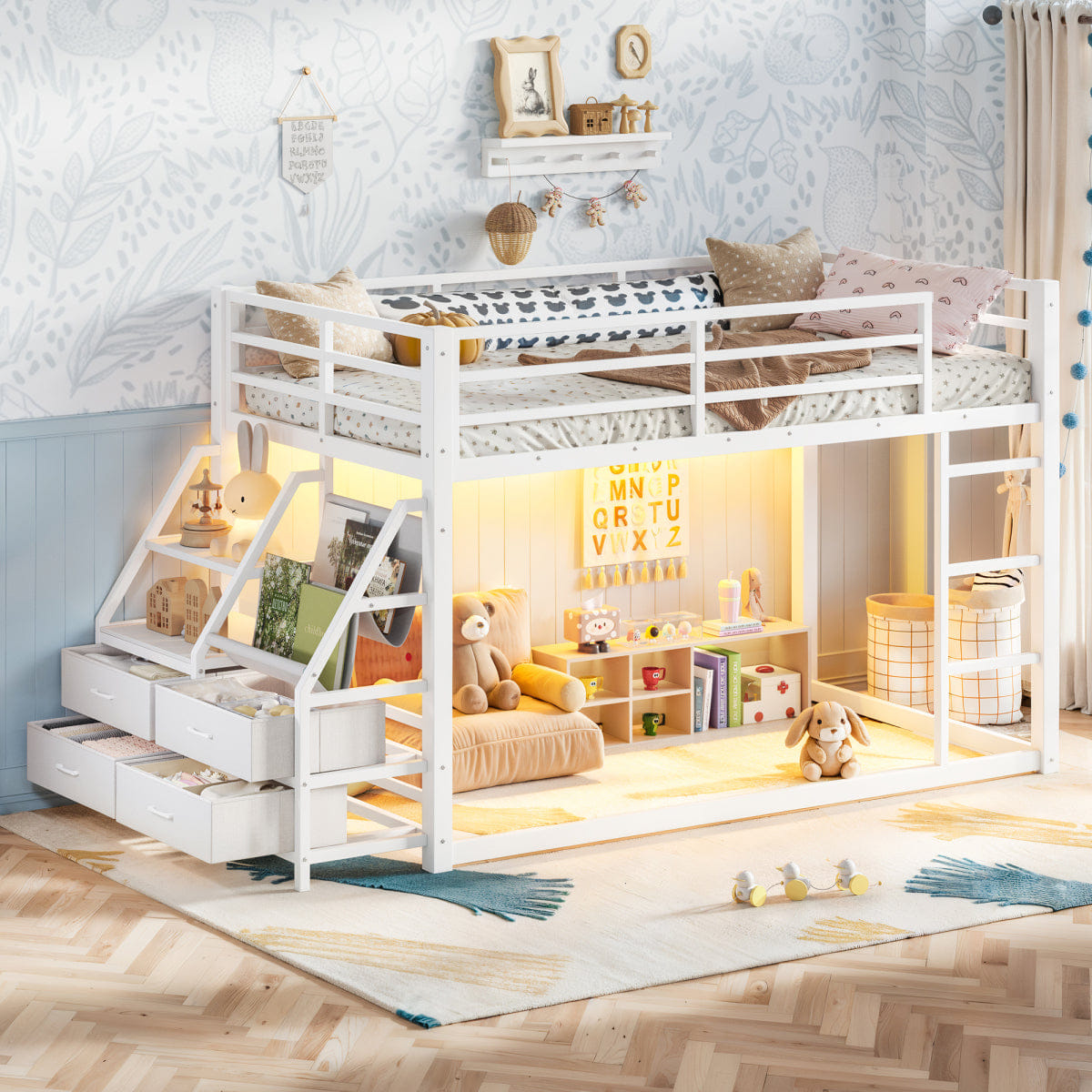 WHITE* Streamdale Twin over Twin Metal Bunk Bed with Storage, Drawers & LED Lights, White