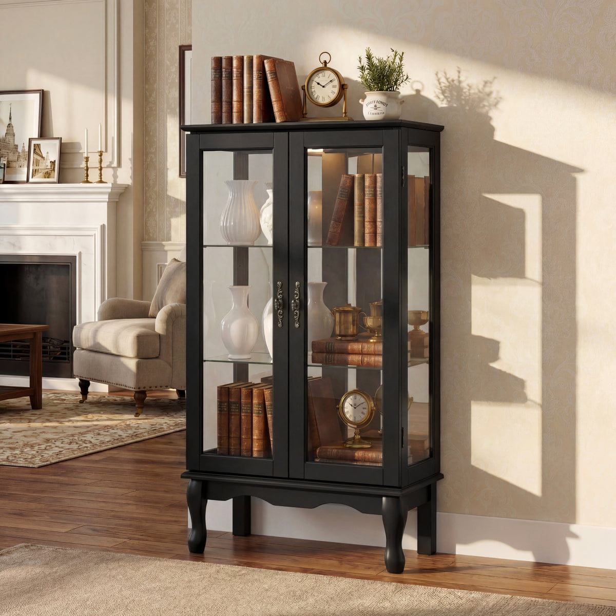 Back Streamdale Lighted 3 - Tier Glass Curio Cabinet with Adjustable Shelves and Mirrored Back (Black)