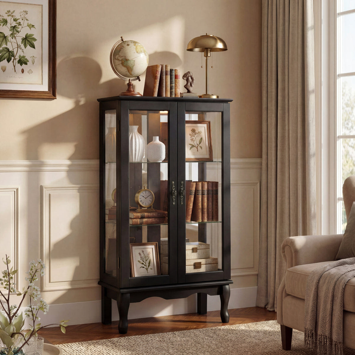 Back Streamdale Lighted 3 - Tier Glass Curio Cabinet with Adjustable Shelves and Mirrored Back (Black)