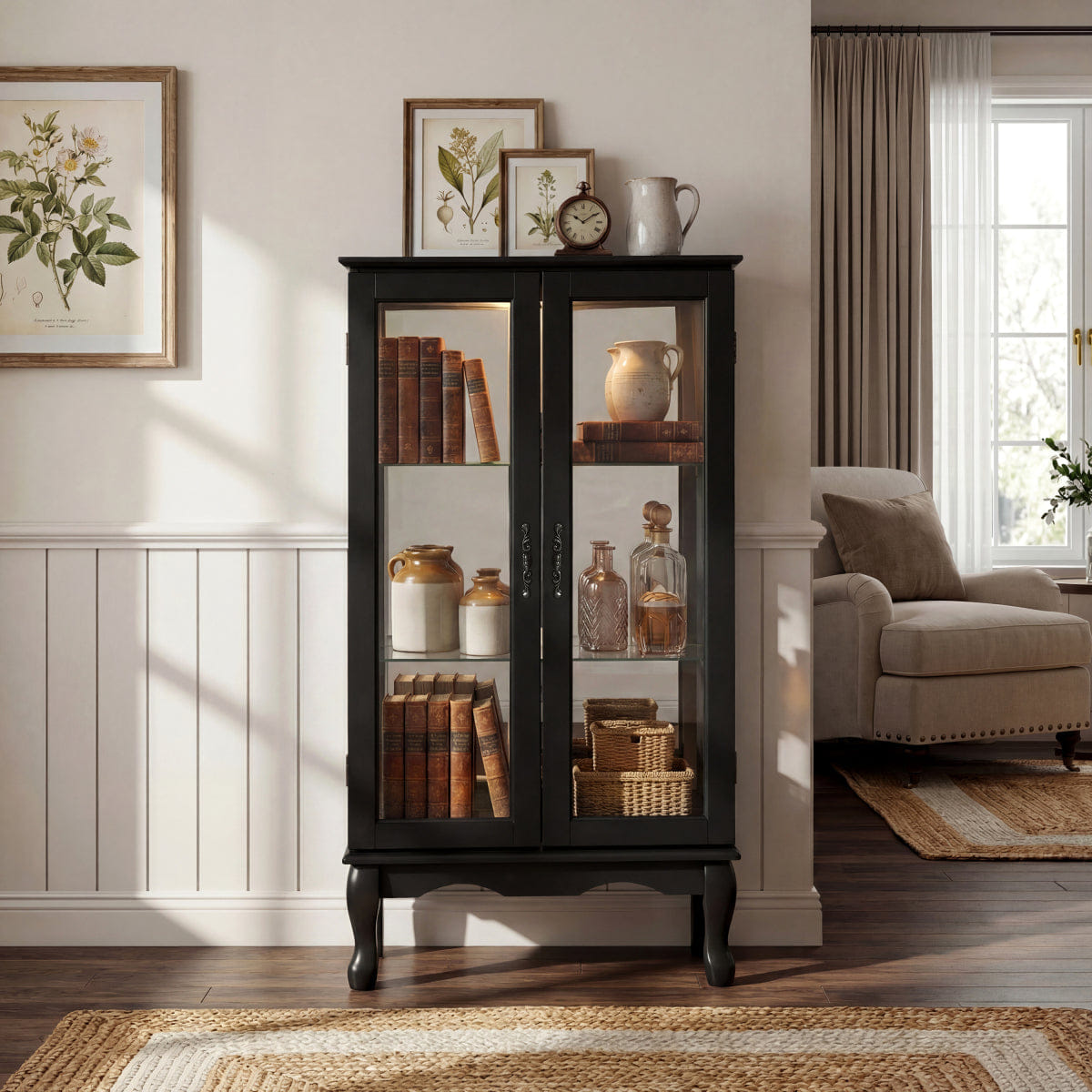 Back Streamdale Lighted 3 - Tier Glass Curio Cabinet with Adjustable Shelves and Mirrored Back (Black)