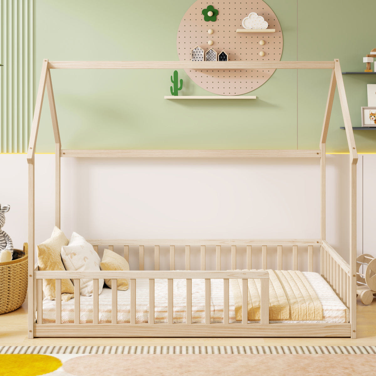 FLOOR Streamdale Twin House Floor Bed with Roof and Guardrails, Natural