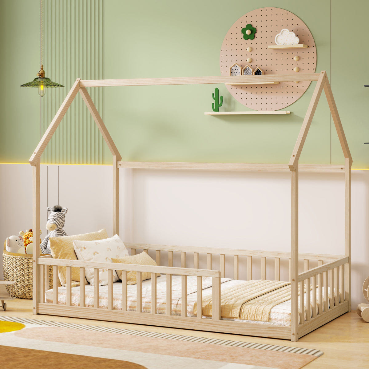 FLOOR Streamdale Twin House Floor Bed with Roof and Guardrails, Natural