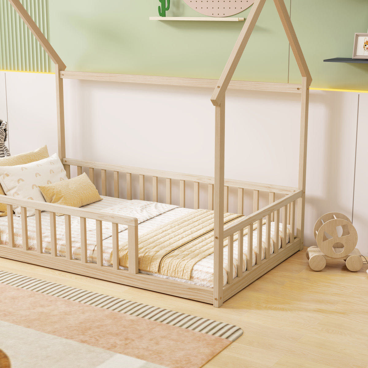FLOOR Streamdale Twin House Floor Bed with Roof and Guardrails, Natural