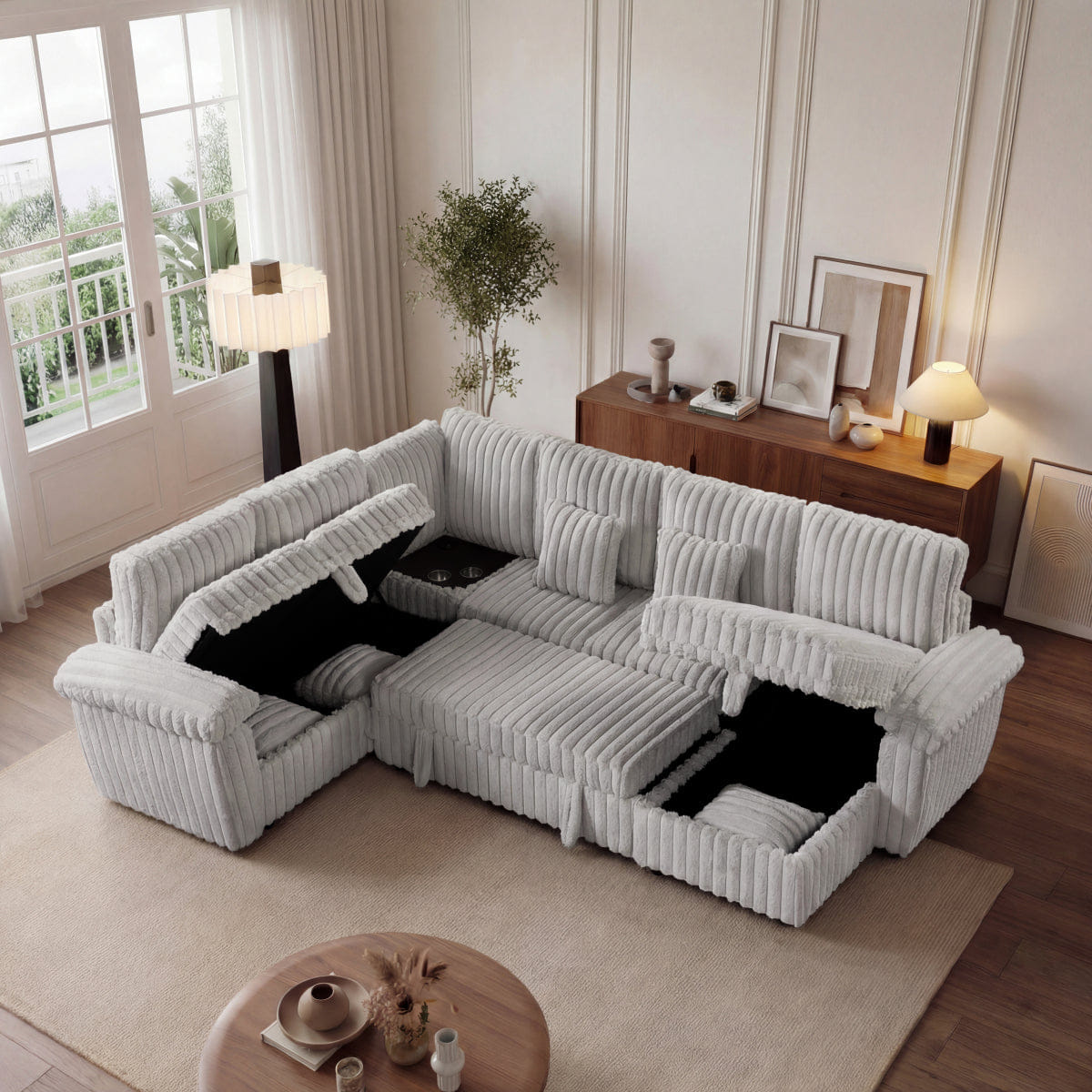 Corduroy Streamdale 103" U - Shaped Corduroy Sectional Sofa with Pull - Out Bed & Storage