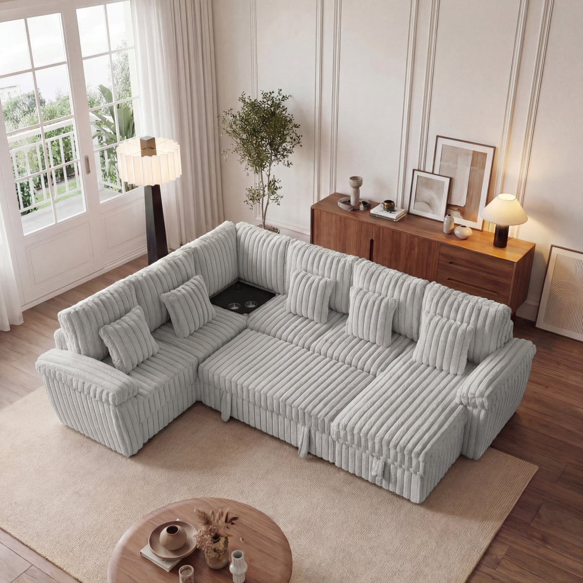 Corduroy Streamdale 103" U - Shaped Corduroy Sectional Sofa with Pull - Out Bed & Storage