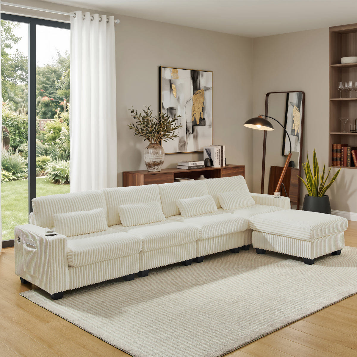 Corduroy Streamdale L - Shaped Corduroy Modular Sectional Sofa with Storage and Cup Holders, Beige