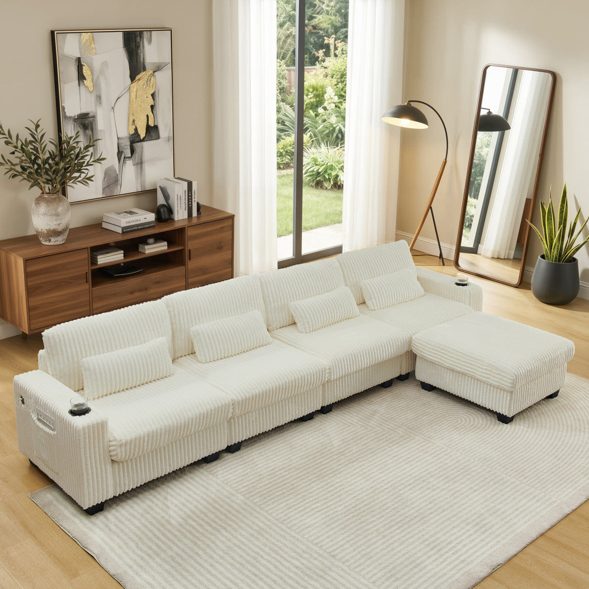 Corduroy Streamdale L - Shaped Corduroy Modular Sectional Sofa with Storage and Cup Holders, Beige