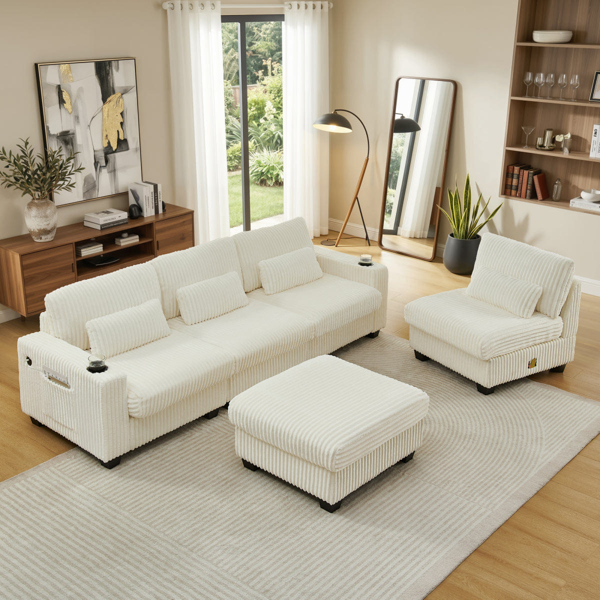 Corduroy Streamdale L - Shaped Corduroy Modular Sectional Sofa with Storage and Cup Holders, Beige