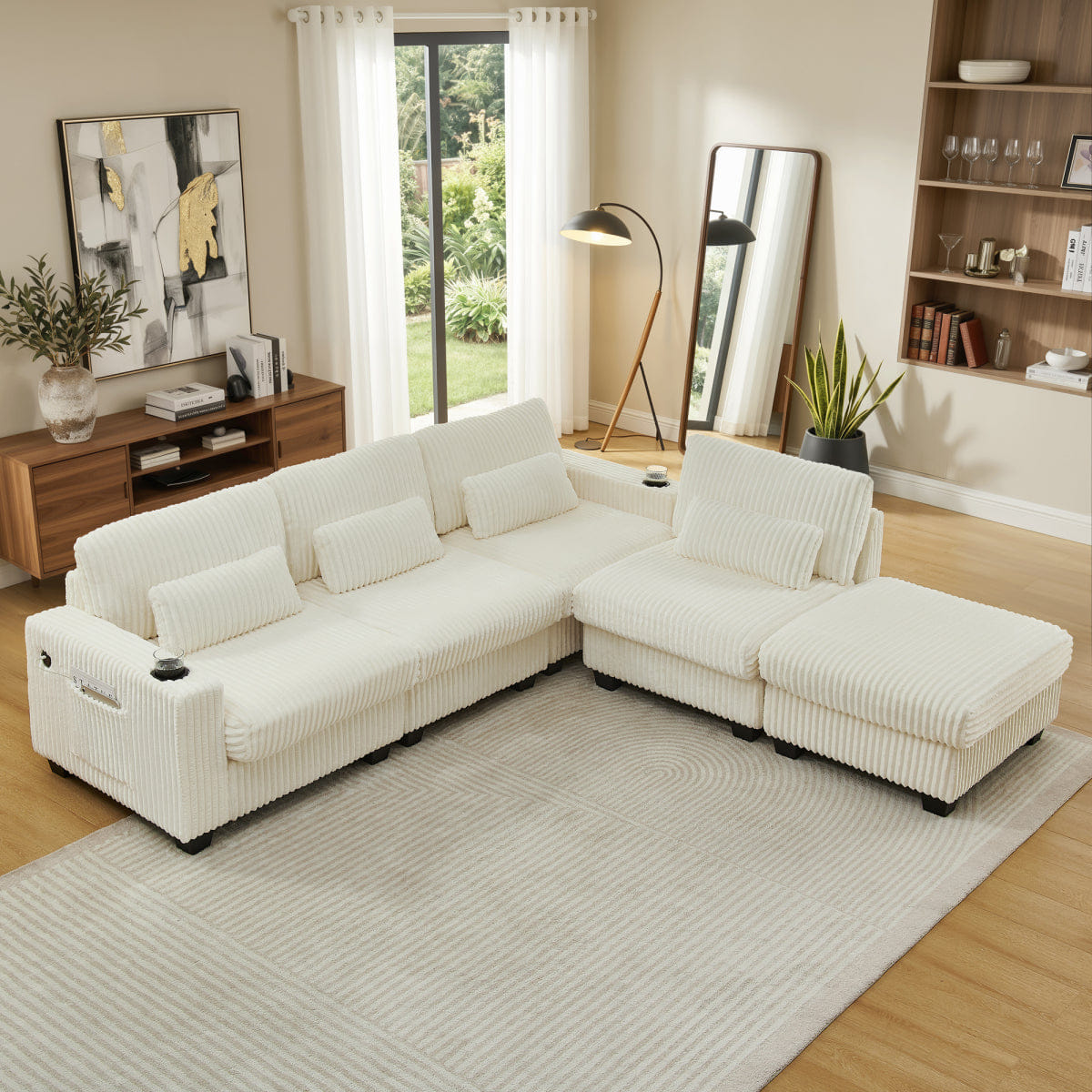 Corduroy Streamdale L - Shaped Corduroy Modular Sectional Sofa with Storage and Cup Holders, Beige