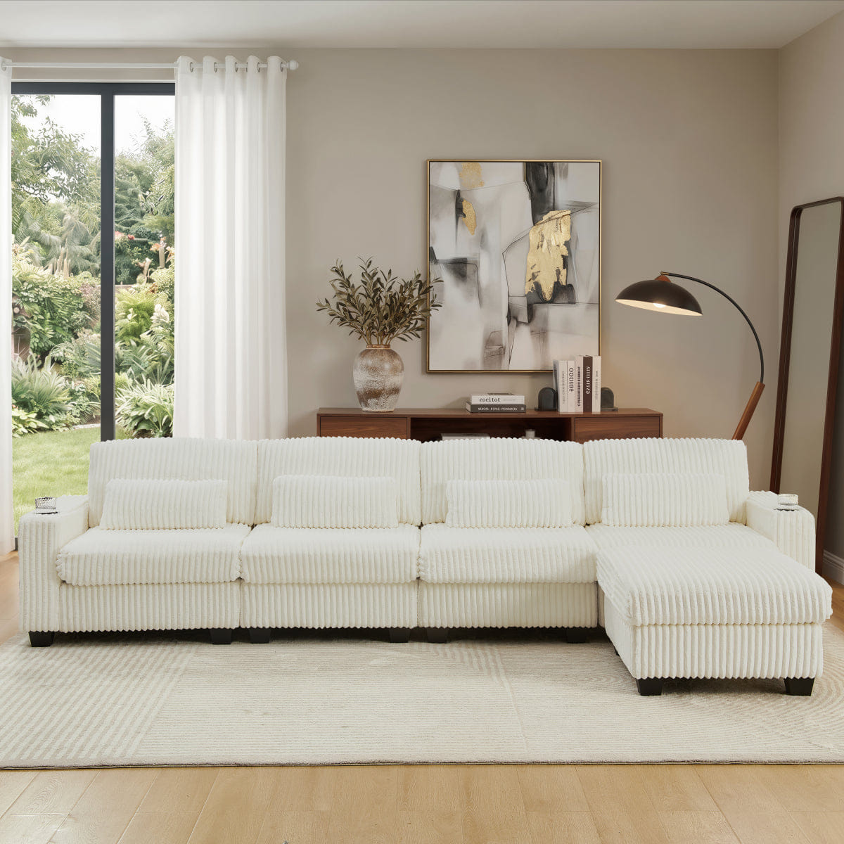 Corduroy Streamdale L - Shaped Corduroy Modular Sectional Sofa with Storage and Cup Holders, Beige