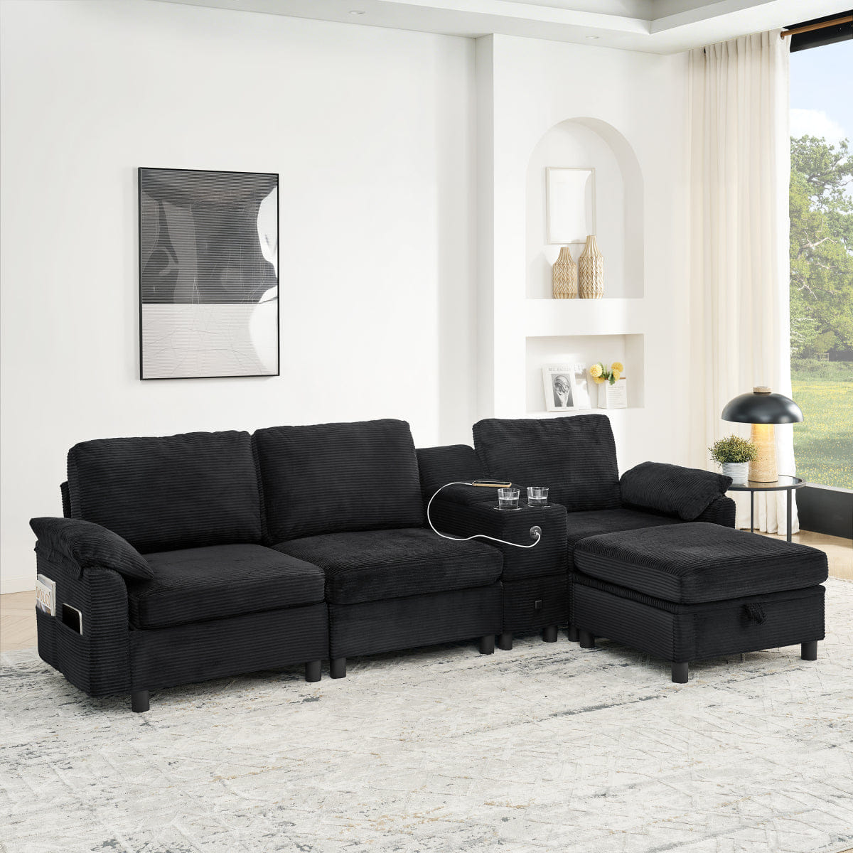 And Streamdale Modern Modular L - Shaped Sectional Sofa with Storage and Cup Holders, Black