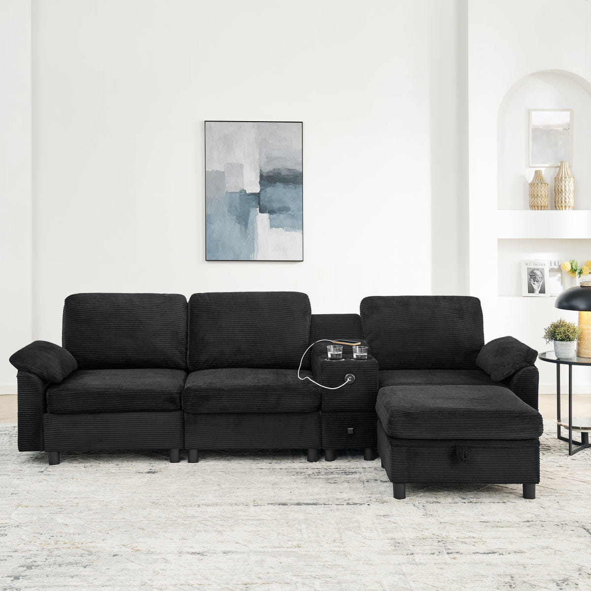 And Streamdale Modern Modular L - Shaped Sectional Sofa with Storage and Cup Holders, Black