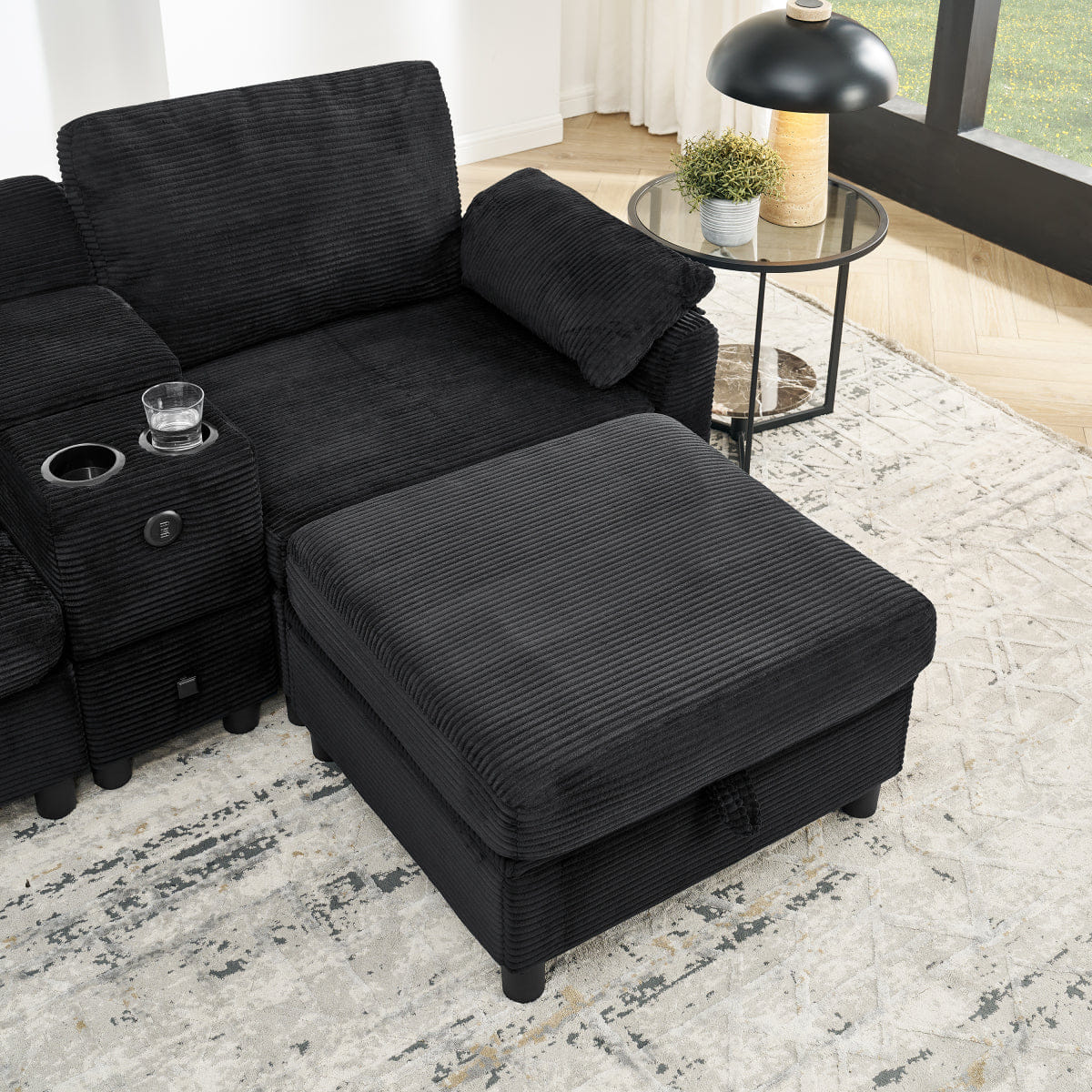 And Streamdale Modern Modular L - Shaped Sectional Sofa with Storage and Cup Holders, Black