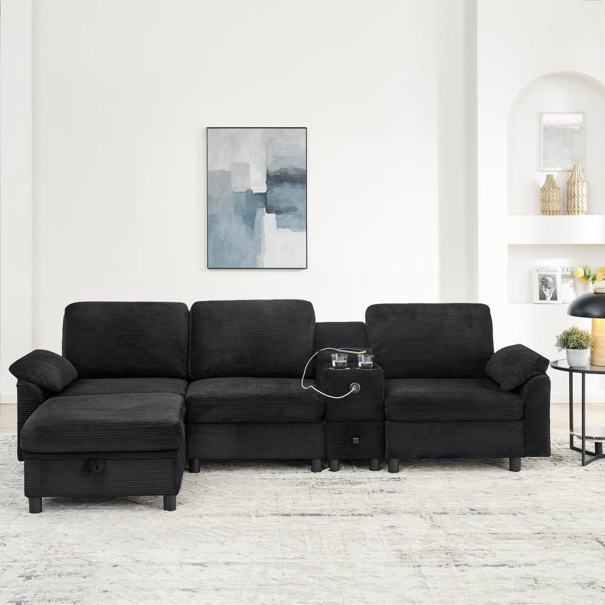 And Streamdale Modern Modular L - Shaped Sectional Sofa with Storage and Cup Holders, Black