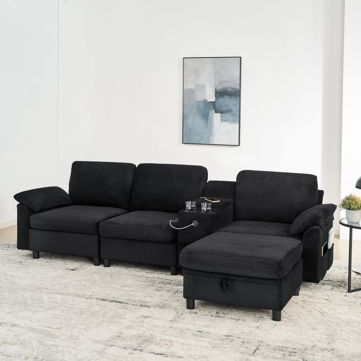 And Streamdale Modern Modular L - Shaped Sectional Sofa with Storage and Cup Holders, Black