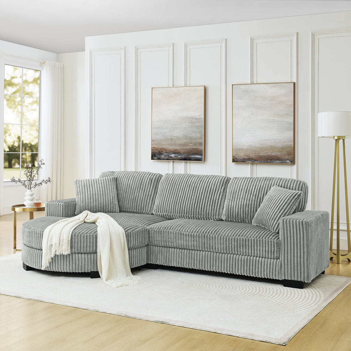 Corduroy Streamdale Corduroy Tufted L - Shaped Modular Sleeper Sectional Sofa with Movable Ottoman, Gray