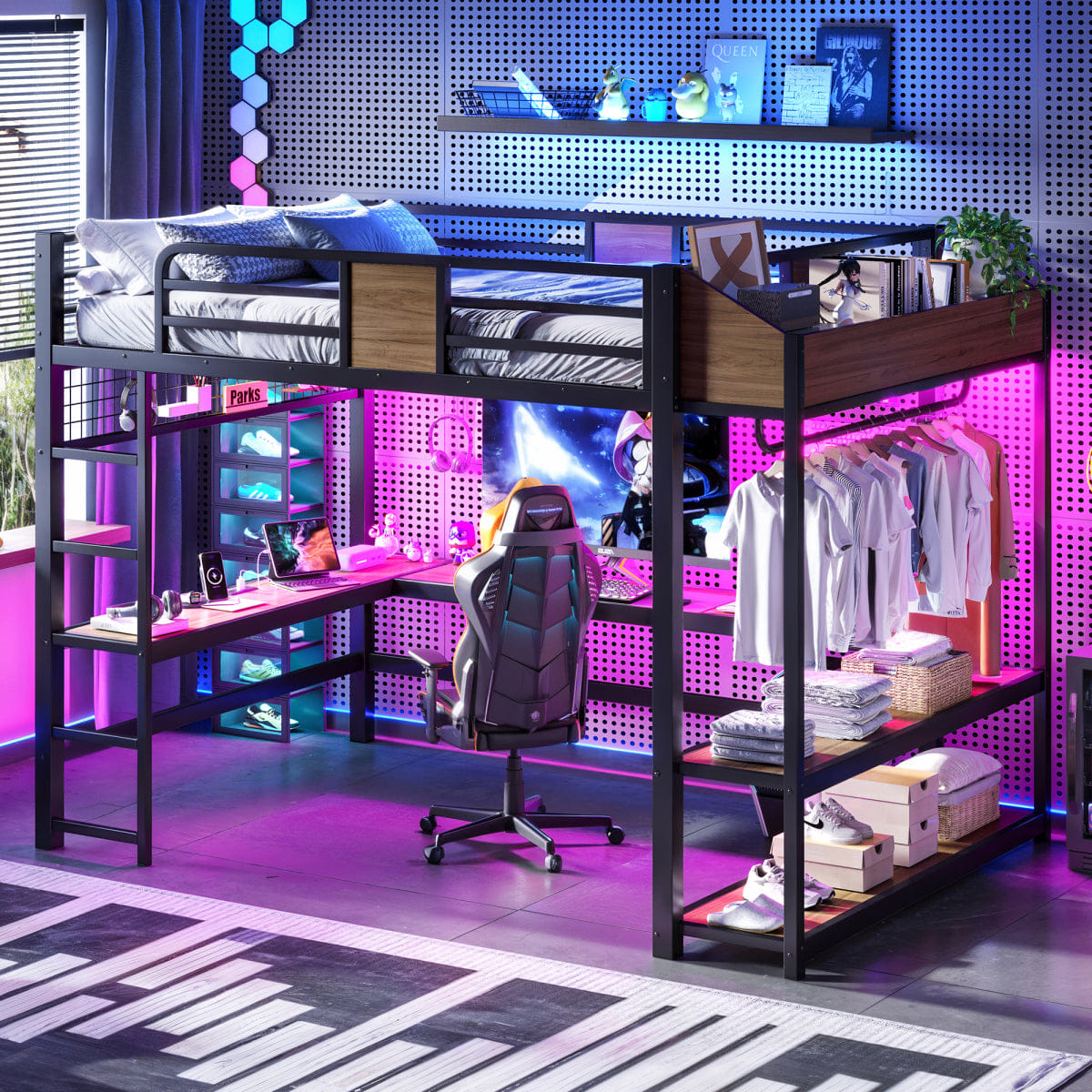 Loft Streamdale Queen Loft Bed with L - Shaped Desk, Shelves, Lights, and USB Ports - Black