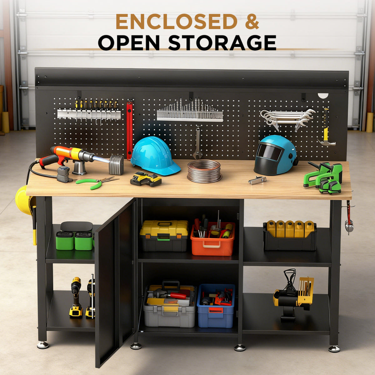 WOOD Streamdale 60" Heavy - Duty Workbench with Cabinet, Wood Top, Pegboard & Power Outlet