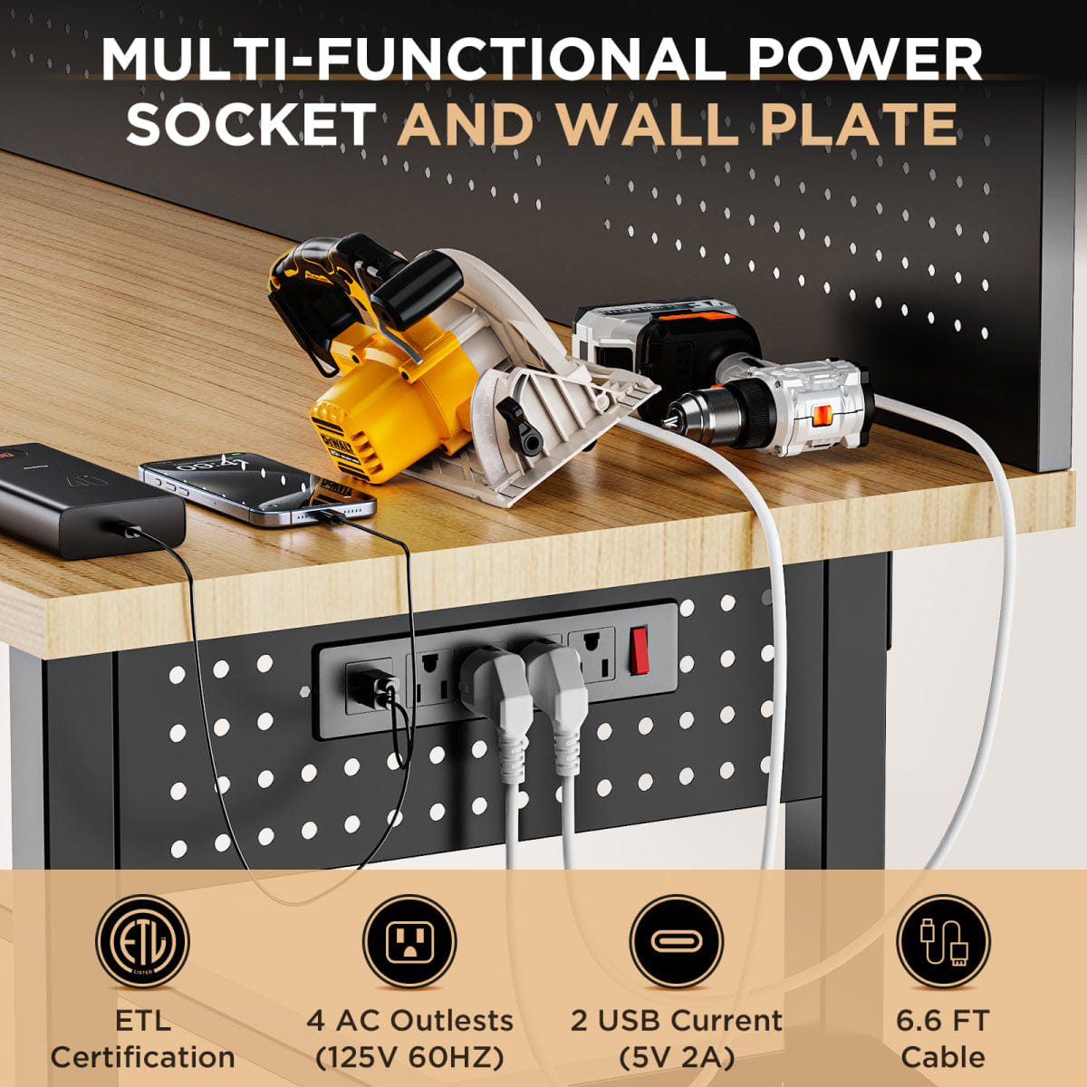 WOOD Streamdale 60" Heavy - Duty Workbench with Cabinet, Wood Top, Pegboard & Power Outlet