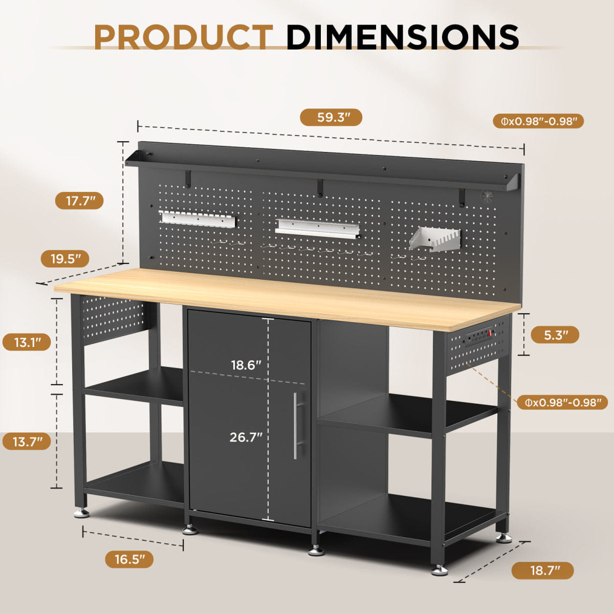 WOOD Streamdale 60" Heavy - Duty Workbench with Cabinet, Wood Top, Pegboard & Power Outlet
