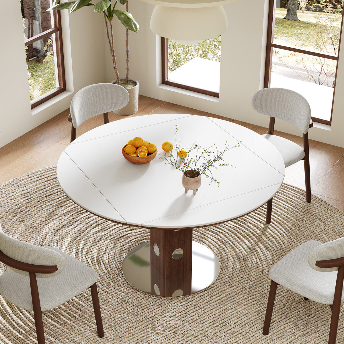 WHITE* Streamdale 47.2" Extendable Round Dining Table, White Sintered Stone & Walnut