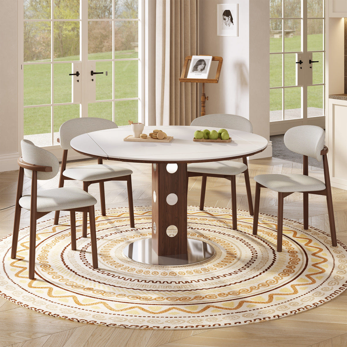 WHITE* Streamdale 47.2" Extendable Round Dining Table, White Sintered Stone & Walnut