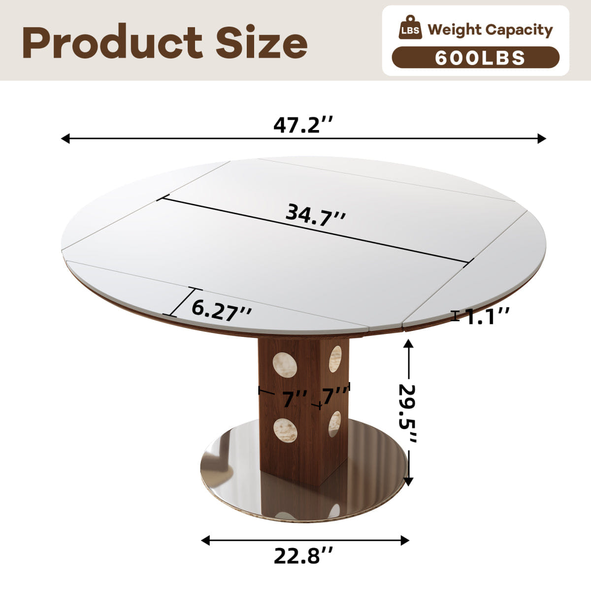 WHITE* Streamdale 47.2" Extendable Round Dining Table, White Sintered Stone & Walnut