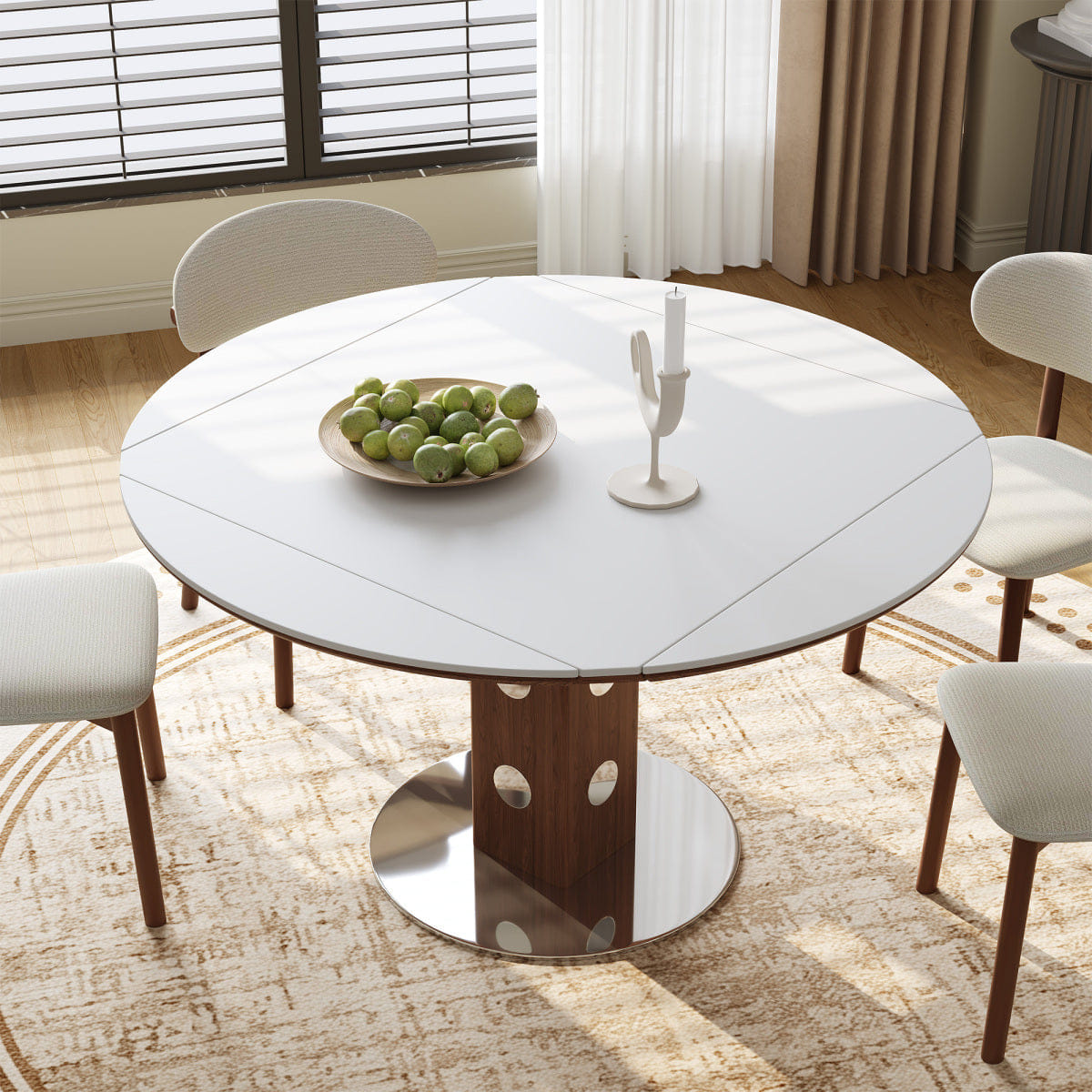 WHITE* Streamdale 47.2" Extendable Round Dining Table, White Sintered Stone & Walnut