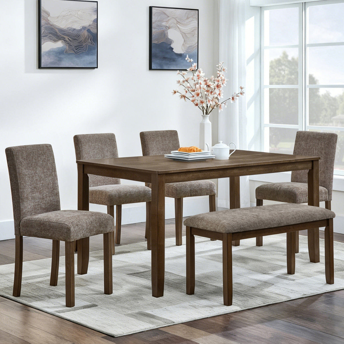 And Streamdale 6 - Piece Farmhouse Dining Table Set with Bench and Chairs, Walnut