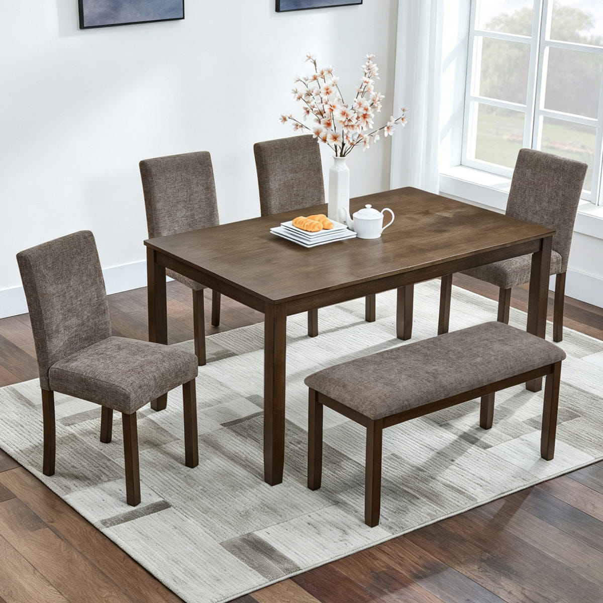 And Streamdale 6 - Piece Farmhouse Dining Table Set with Bench and Chairs, Walnut